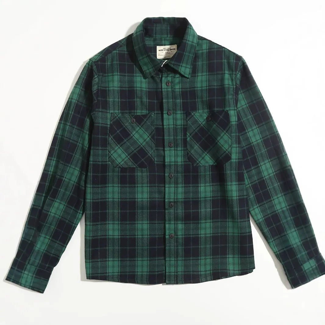 Men's thickened plaid double pocket long sleeve overalls shirt in loose cardigan fit, available in four colours