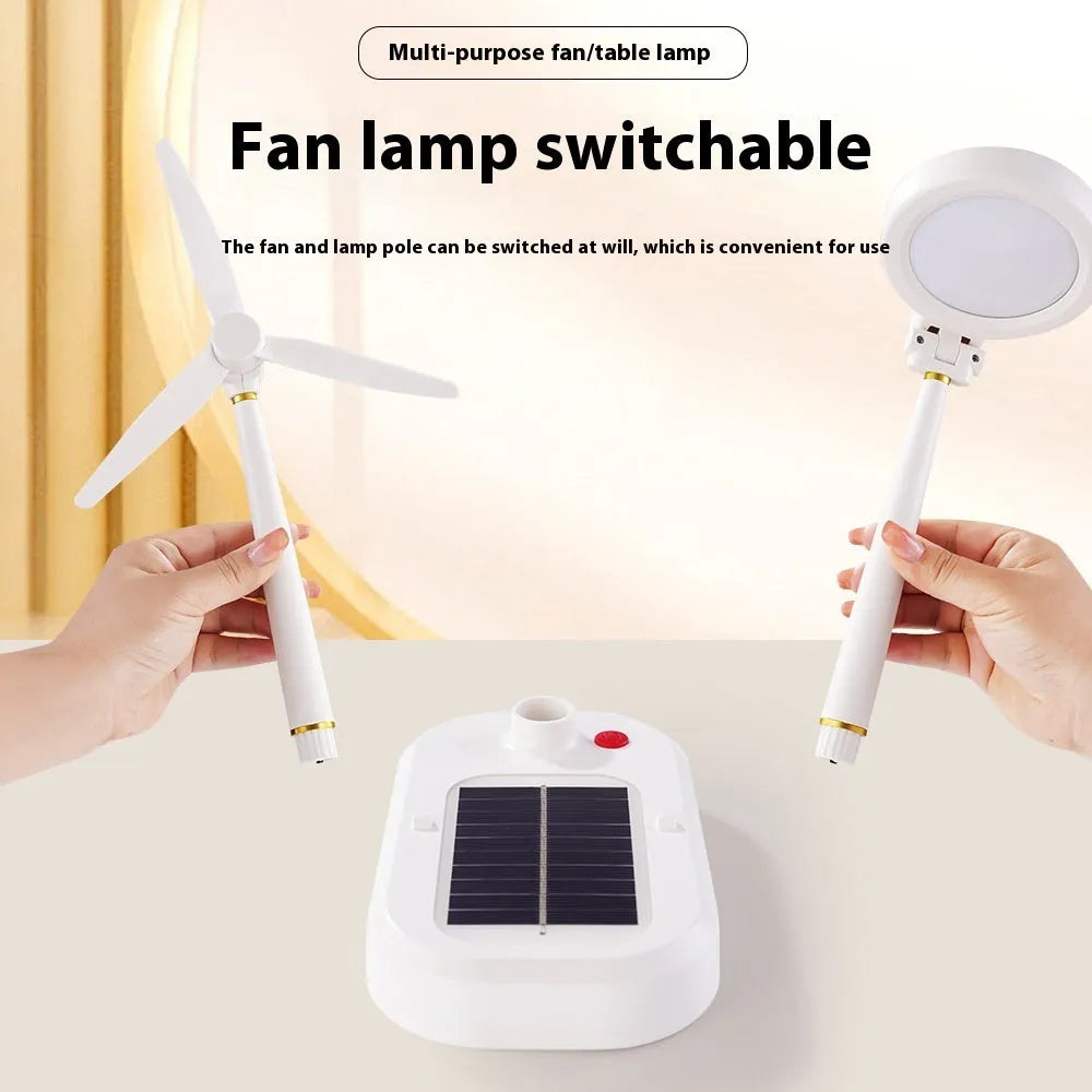 Ivory white solar-powered table fan and LED study lamp with Type-C charging port