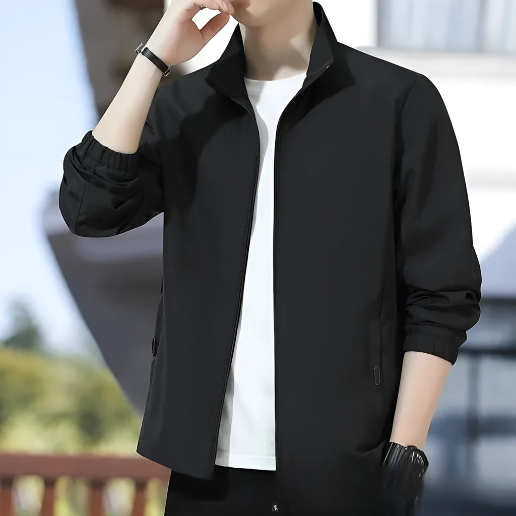 Korean-style loose fit lapel jacket for men in a blue colour, shown with zipper and pocket details.