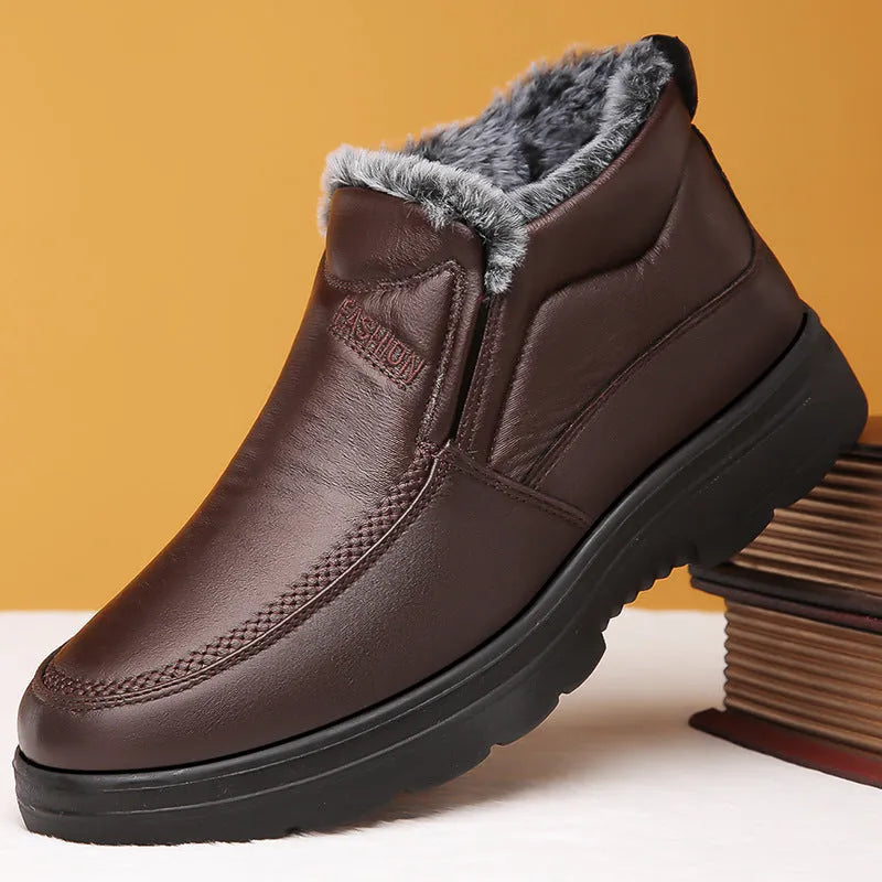 Men's black and brown winter slip-on shoes with a fleece lining and rubber sole.