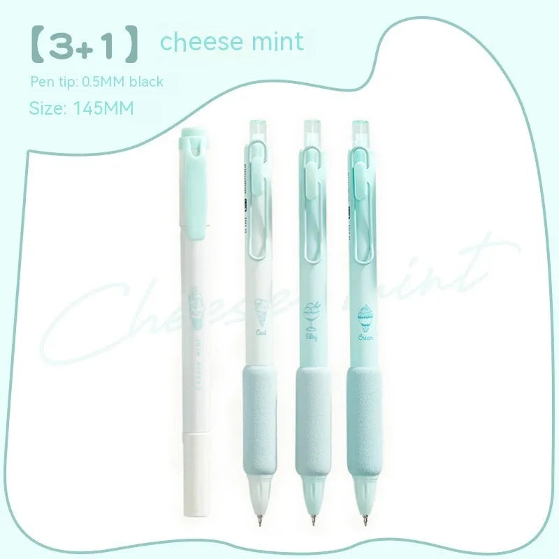 Four double-headed fluorescent pens with 0.5mm tips for calligraphy, showing Cheese Mint and Sea Salt Ice Cup colours.