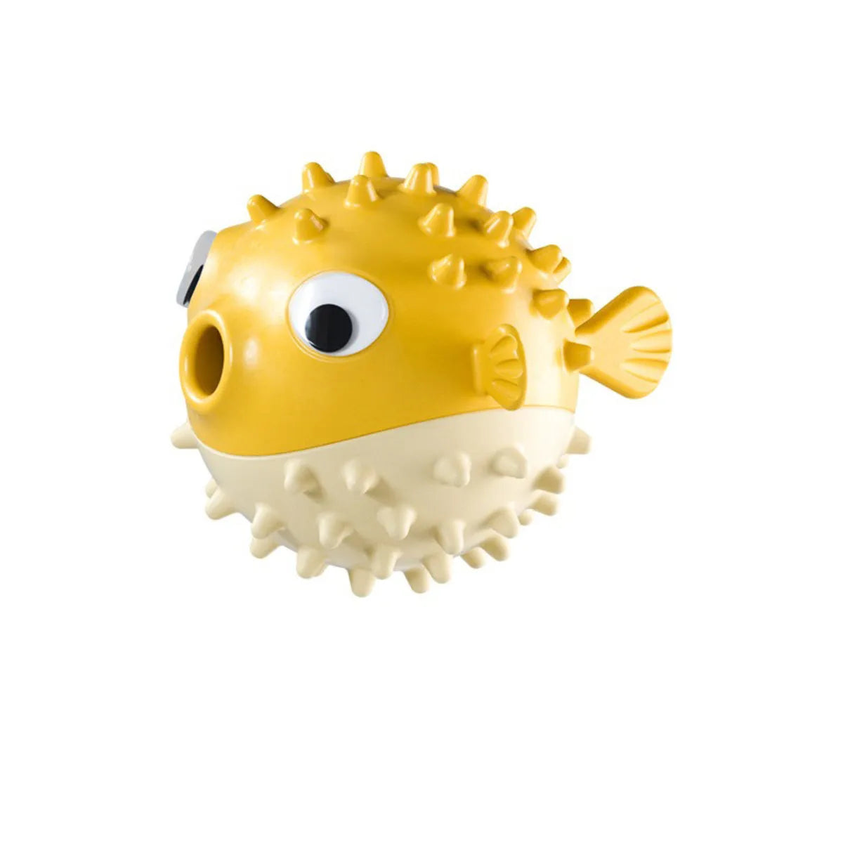 Yellow fish-shaped dog chew toy with textured surface and squeaker function