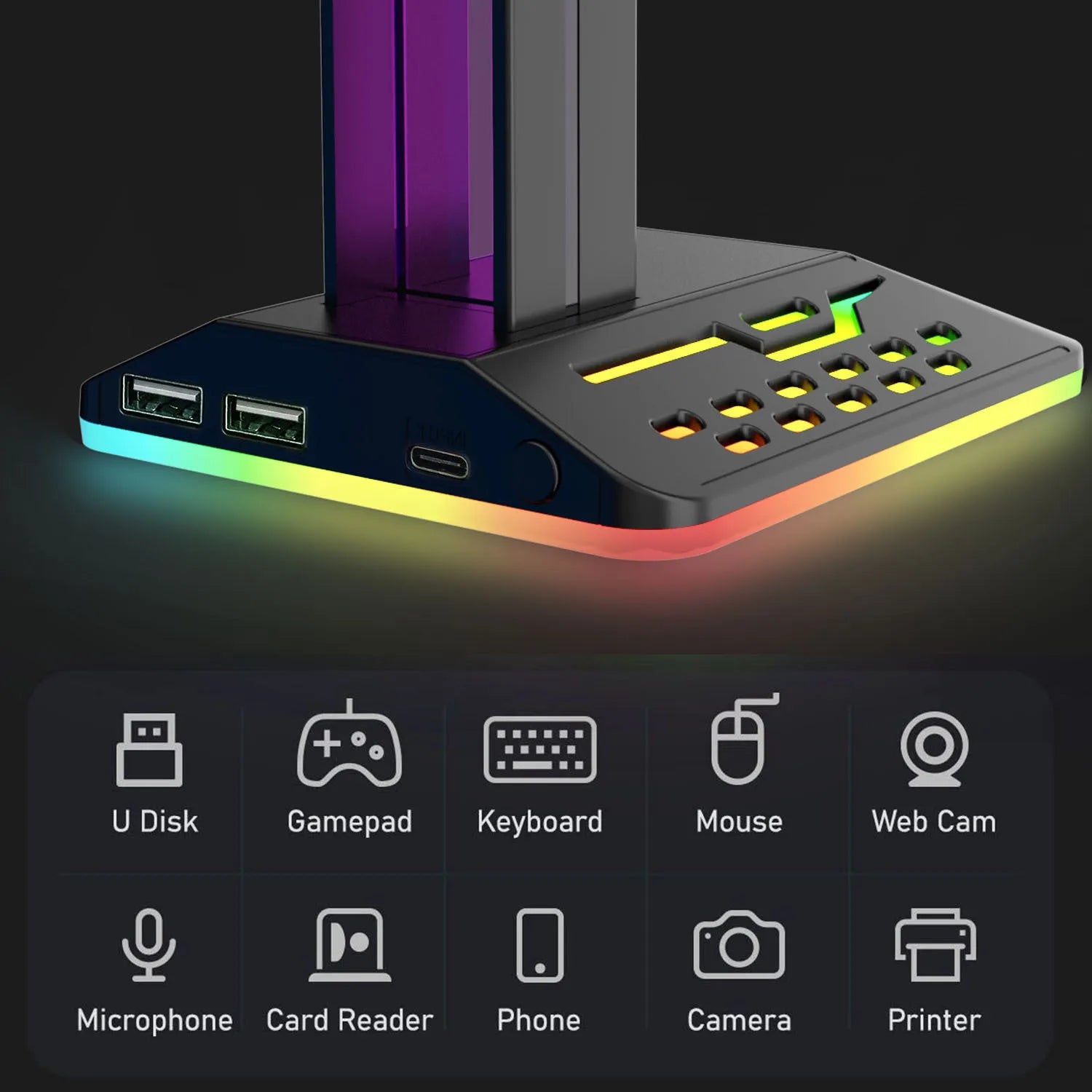 RGB headphone stand with glowing colour-changing lights and two USB ports, holding a gaming headset.