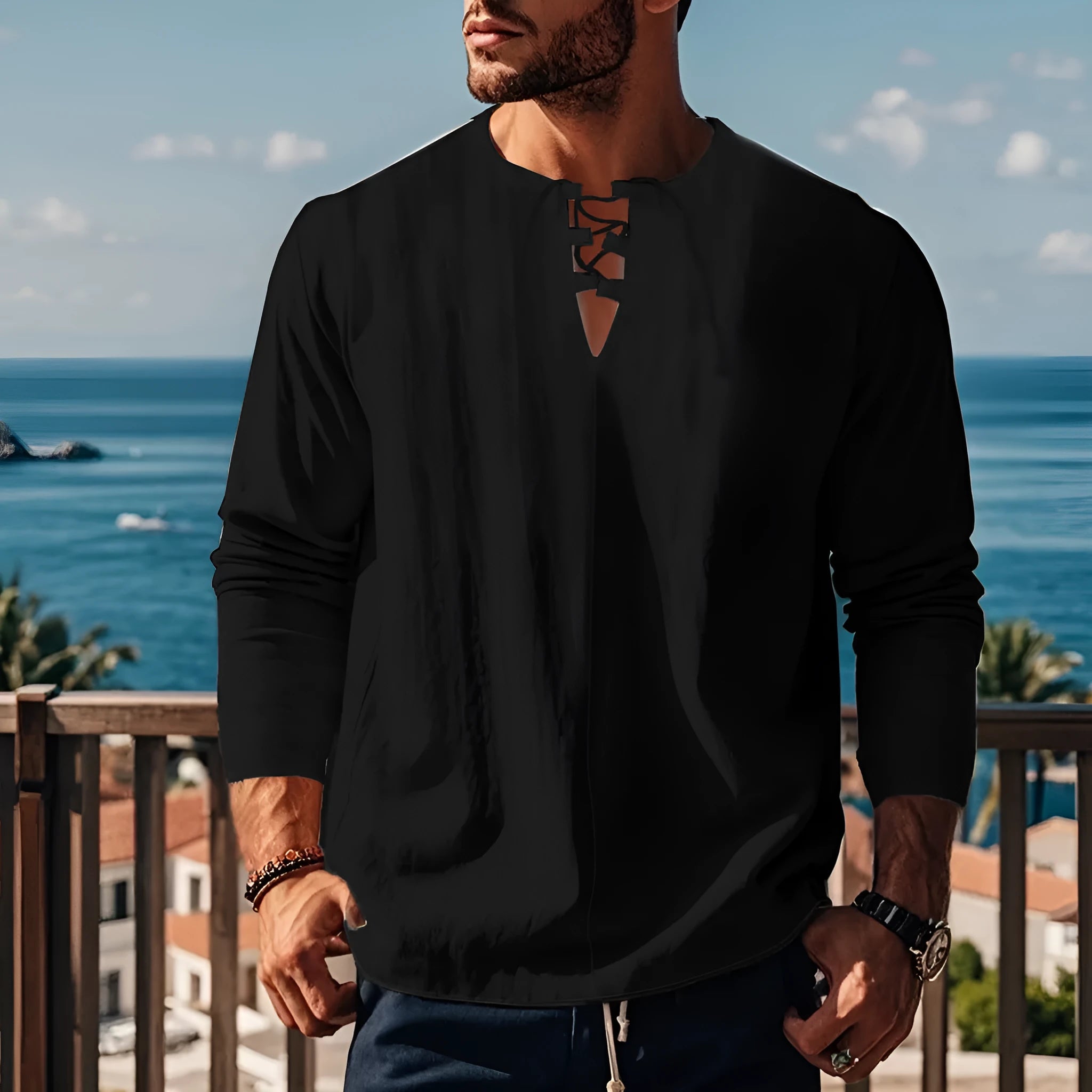 Cotton linen blend casual shirt in army green colour showing loose fit and pullover styling