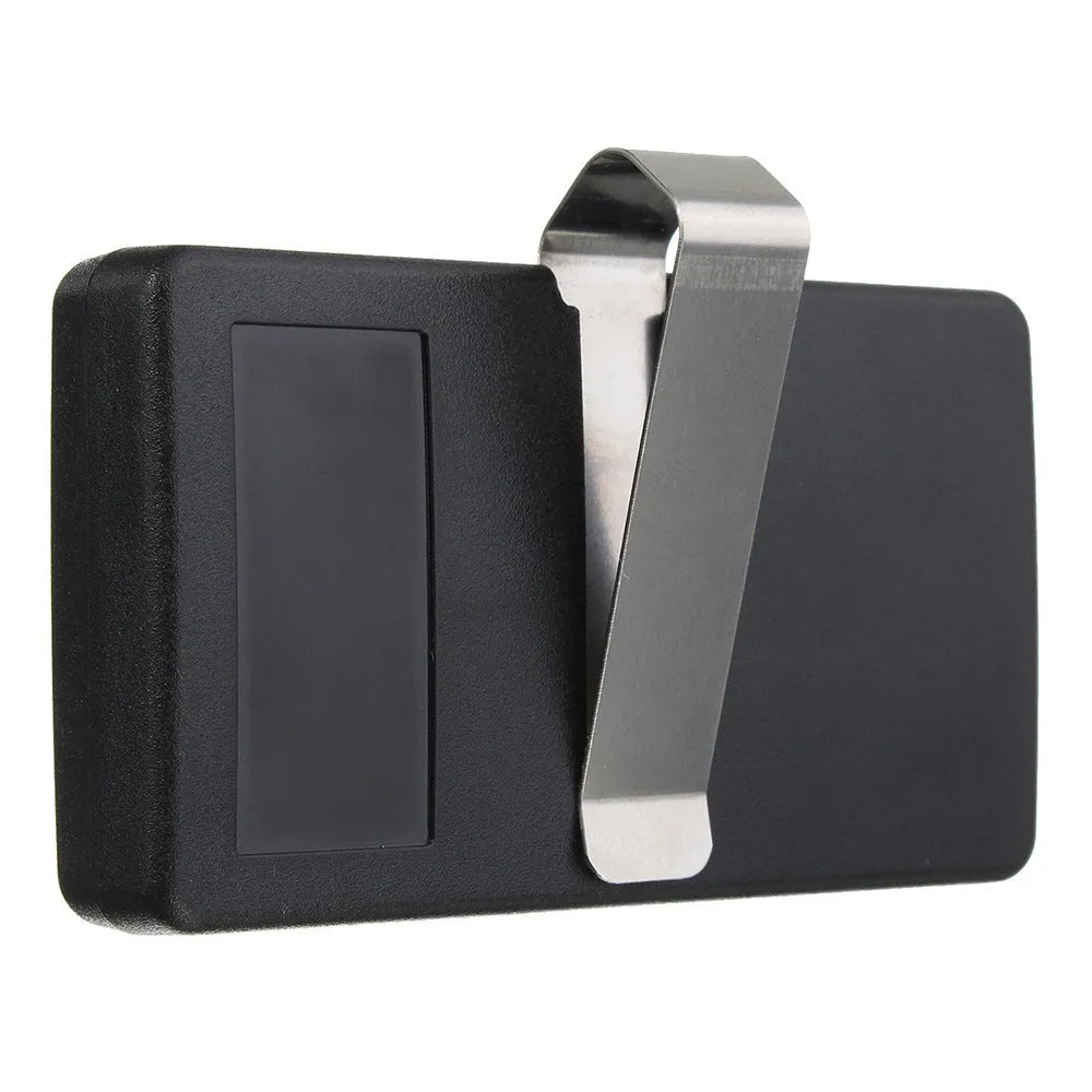 Black plastic three-button LiftMaster garage door remote control with green key, showing front view.