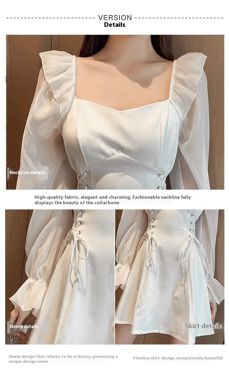 White chiffon patchwork waist-slimming dress with long sleeves and long skirt