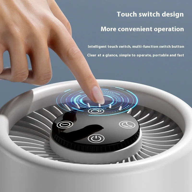 White simple style desktop air purifier with USB cable for small rooms.