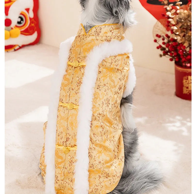 Chinese-style cotton-padded dog Tang suit with rabbit fur collar for large and medium-sized dogs