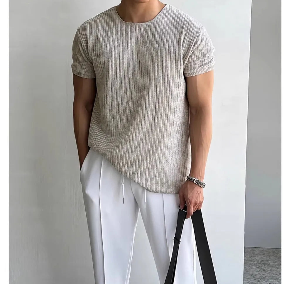 Men's breathable short-sleeve round neck T-shirt in apricot, loose fit polyester fabric