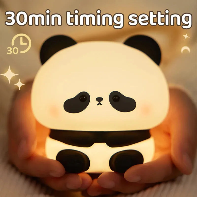 Cute panda LED night light with soft silicone exterior, USB rechargeable, touch control