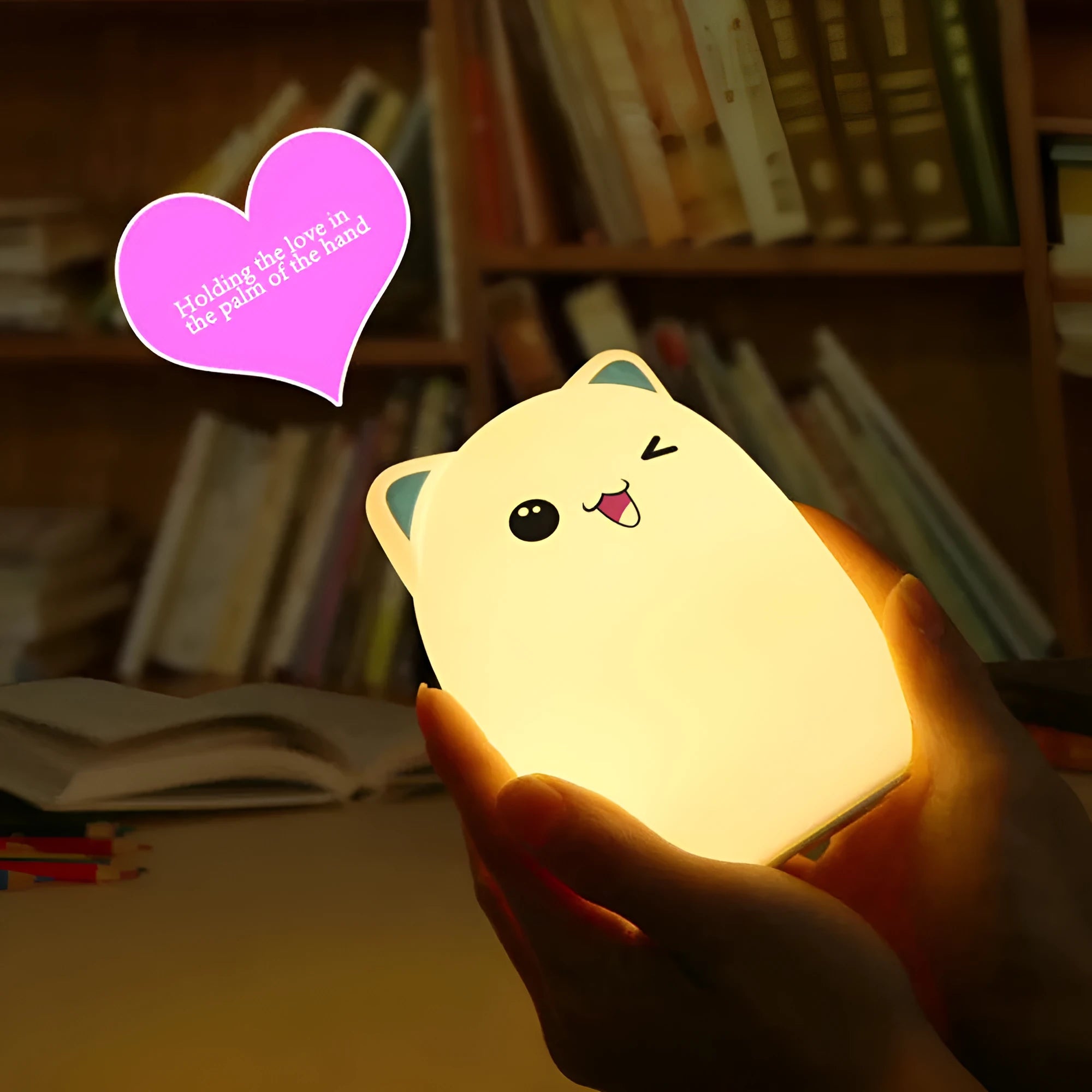 Cartoon silicone clapping lamp in Princess Bear style showing warm white light on a wooden table