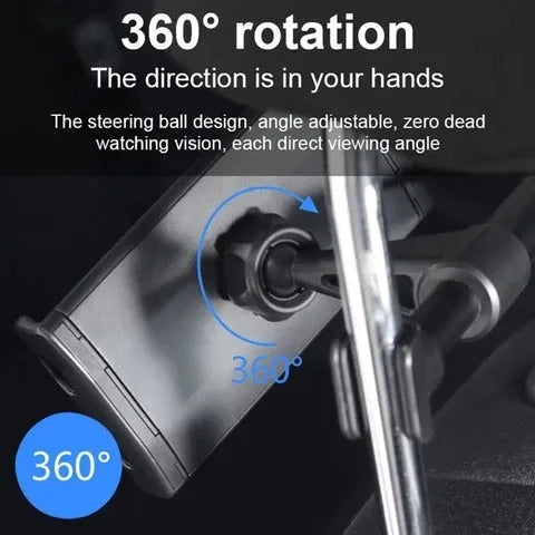 Black universal car phone holder mounted on rear seat centre armrest with tablet secured in snap-in mount