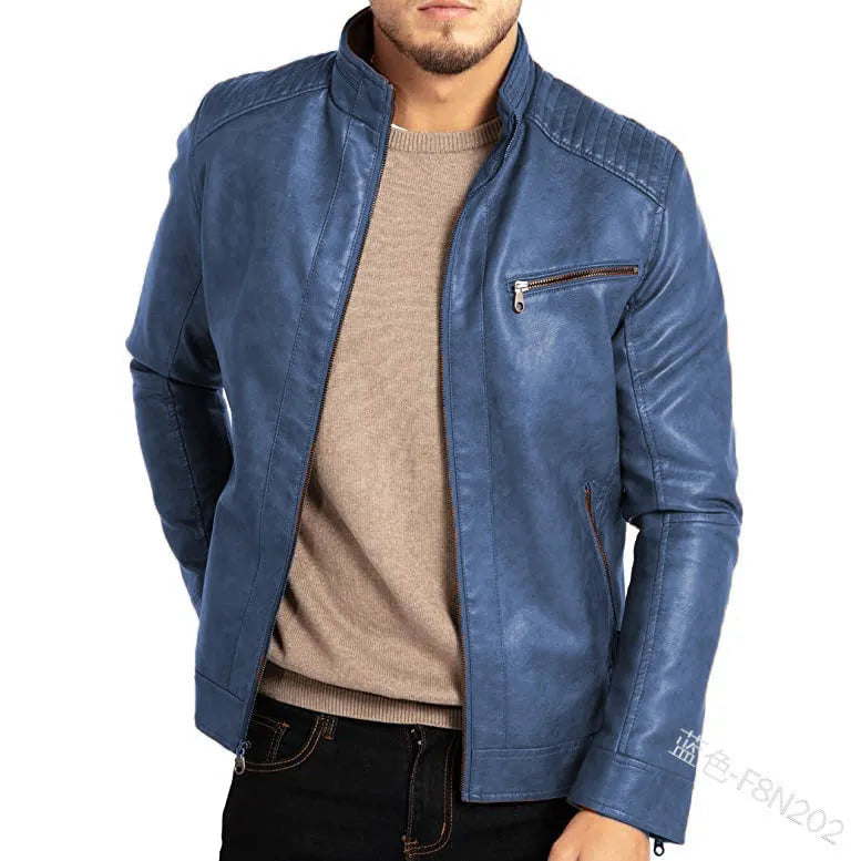 Men's brown artificial leather punk motorcycle jacket with stand collar and patch pockets
