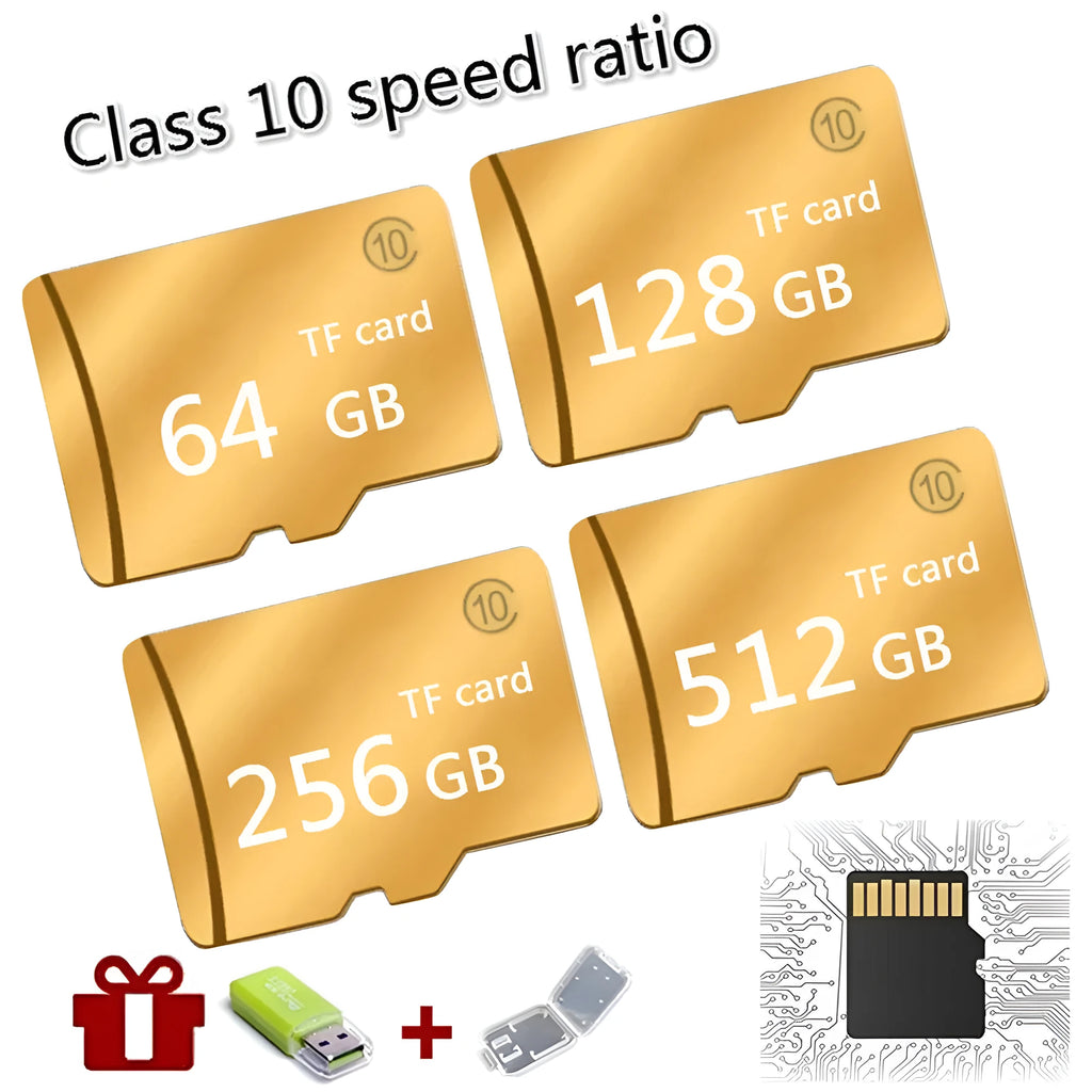 SD memory card recorder Class 4 M series in black and gold with 1GB to 512GB storage options
