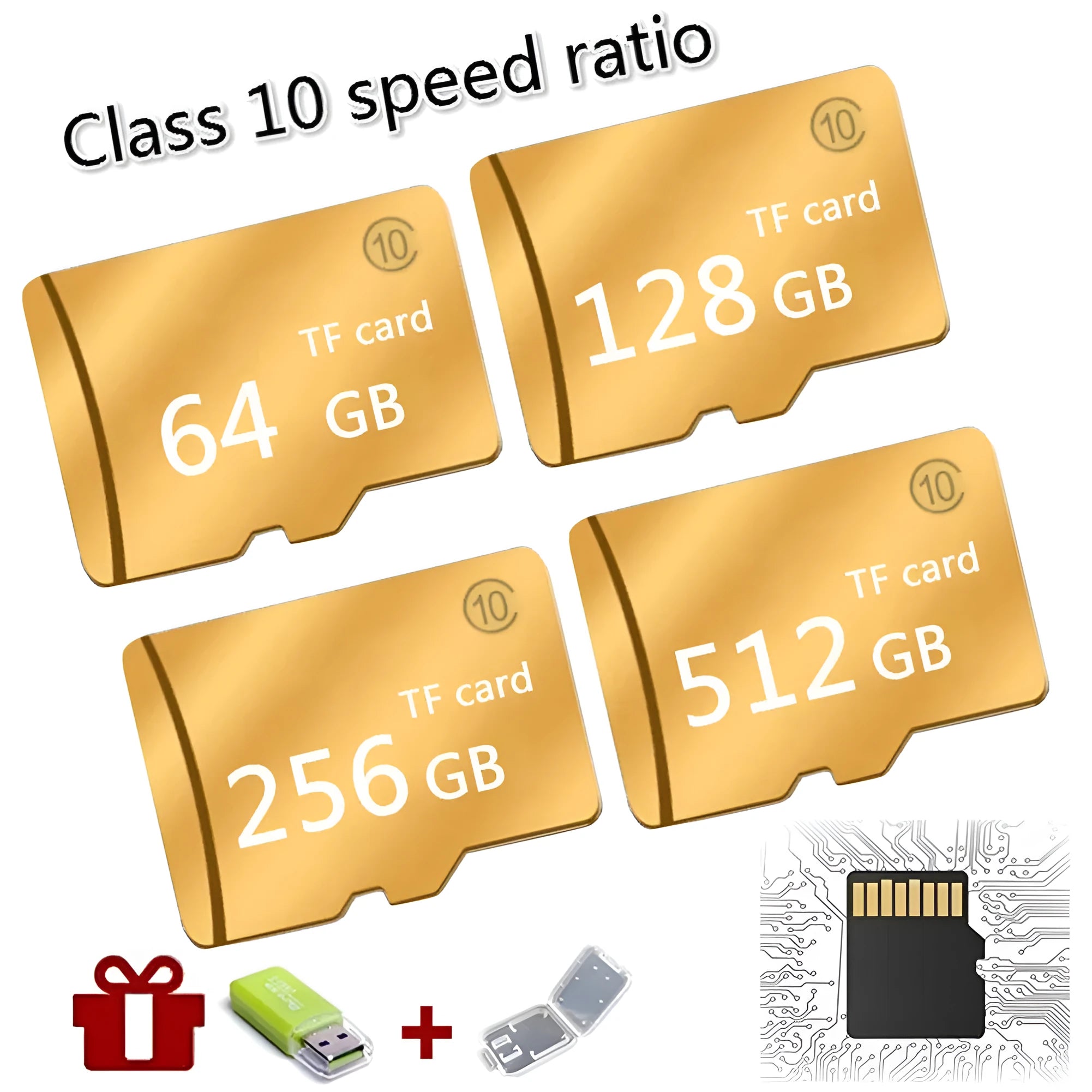 SD memory card recorder Class 4 M series in black and gold with 1GB to 512GB storage options