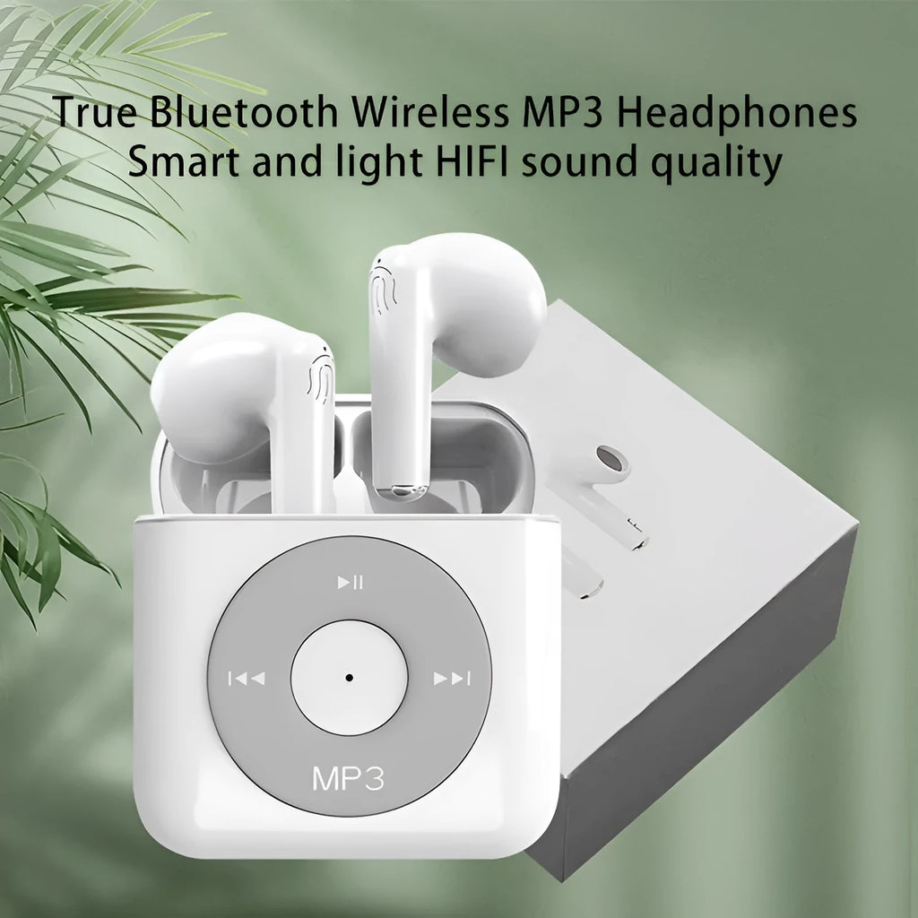 White wireless Bluetooth earphones with semi-in-ear design and a matching charging case.