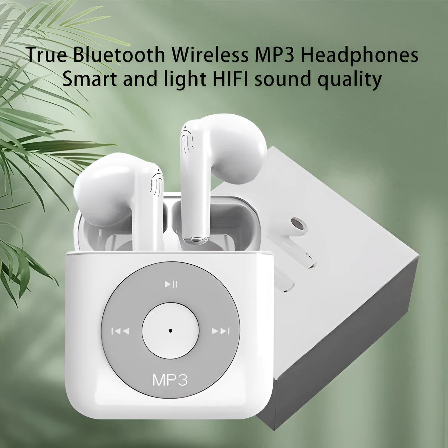 White wireless Bluetooth earphones with semi-in-ear design and a matching charging case.