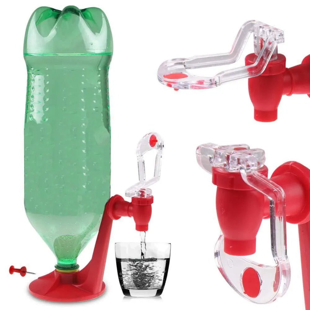 Red plastic Magic Tap soda dispenser screwed onto a 2-litre bottle with push-in tap