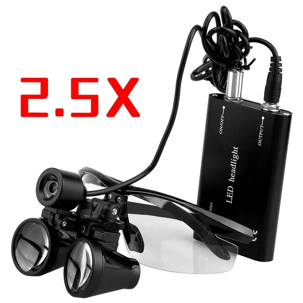 Black head-mounted LED magnifying glass for dental work with adjustable headband and dual magnification lenses.