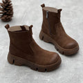 Women's round toe leather boots mid heel mid calf side zipper cowhide pigskin lining rubber sole