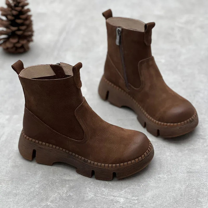 Women's round toe leather boots mid heel mid calf side zipper cowhide pigskin lining rubber sole