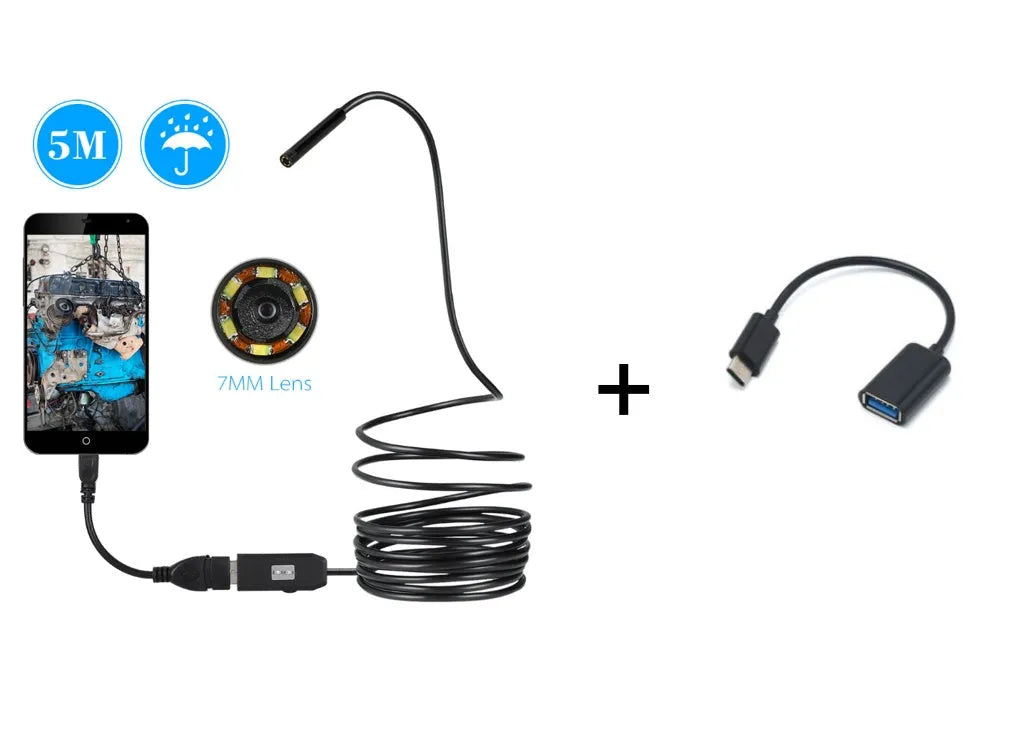 OWSOO USB endoscope camera with flexible cable, hook, and magnet for phone inspections