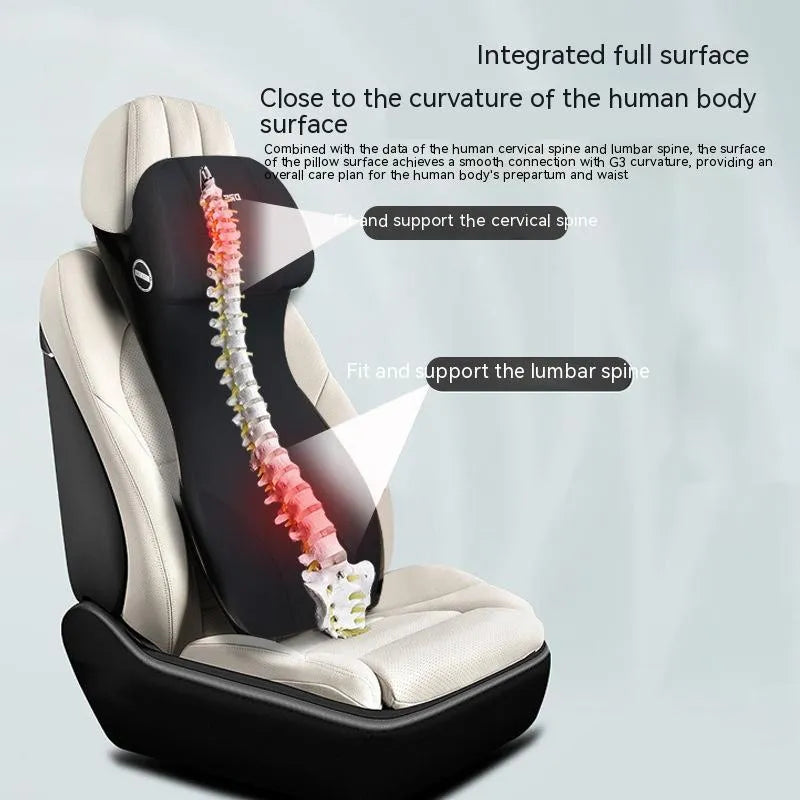 Black integrated memory foam car cushion and lumbar support pillow on a car seat.