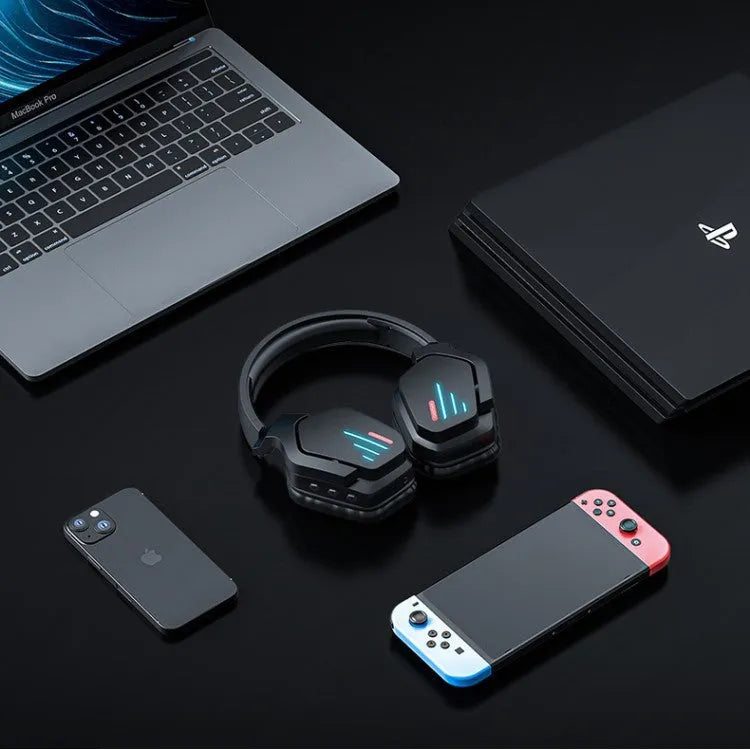 Luminous black wireless headphones with head-mounted design showing ear cushions and adjustable headband