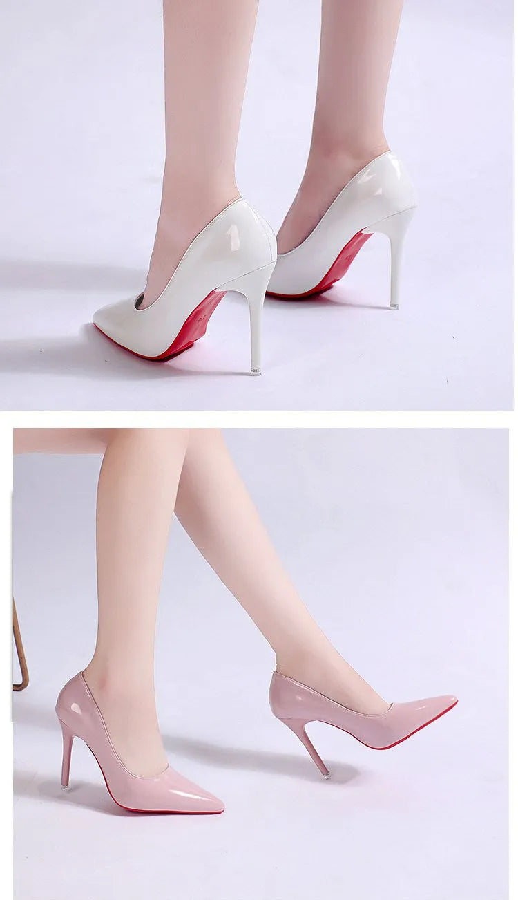 Women's black stiletto heel pumps with pointed toe and shallow mouth design on white background