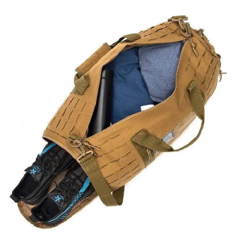Men's khaki waterproof Oxford cloth sports travel bag with air pillow strap, shown with dimensions 56x26x25cm.