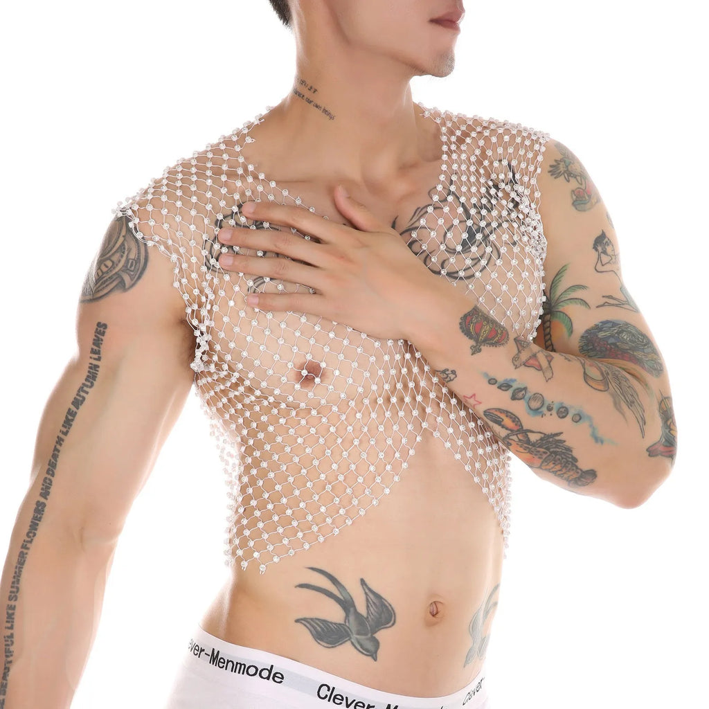 Men's big rhinestone split V-neck fishnet sleeveless top in nylon black and white