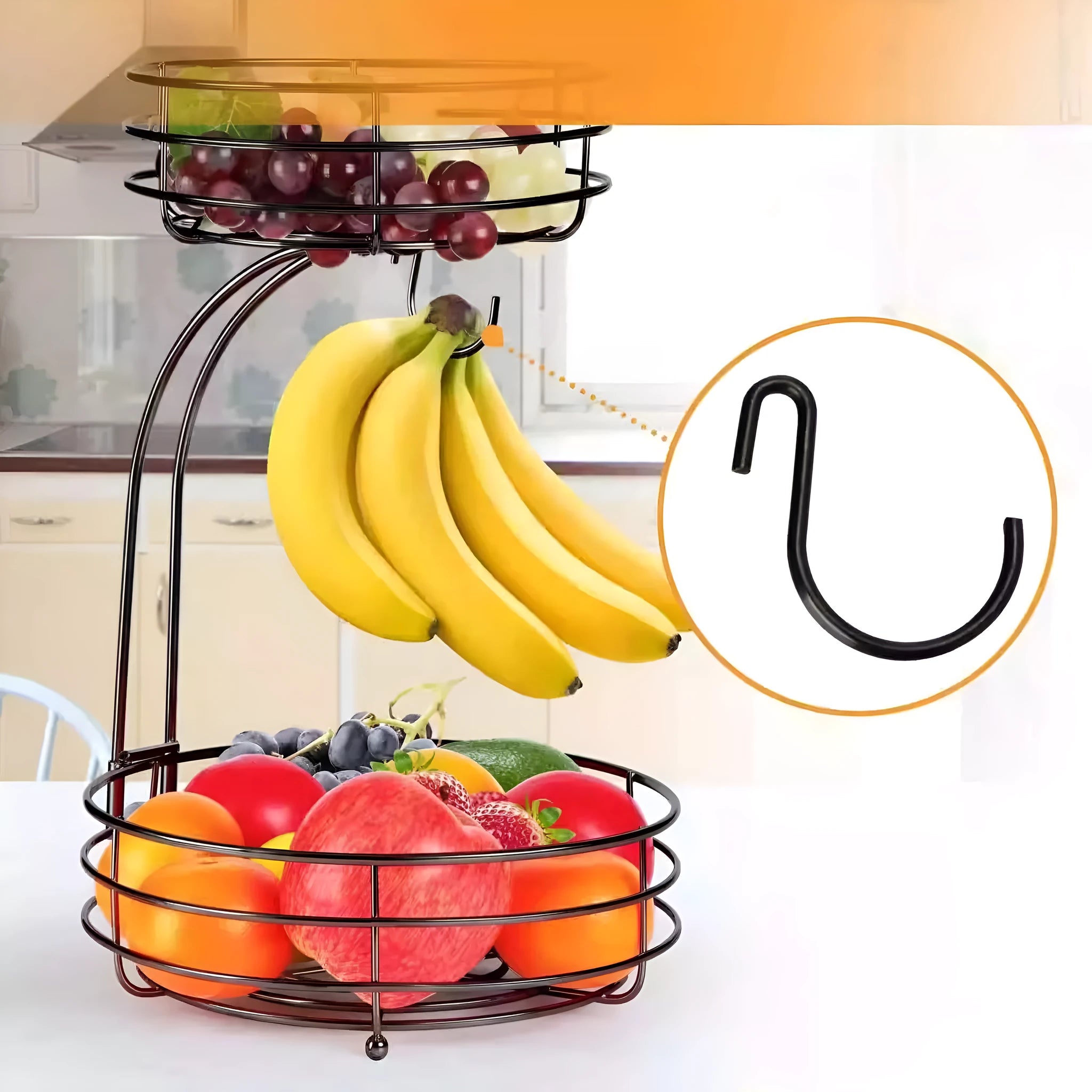 Black and gold double-layer wrought iron fruit storage basket with two open shelves.