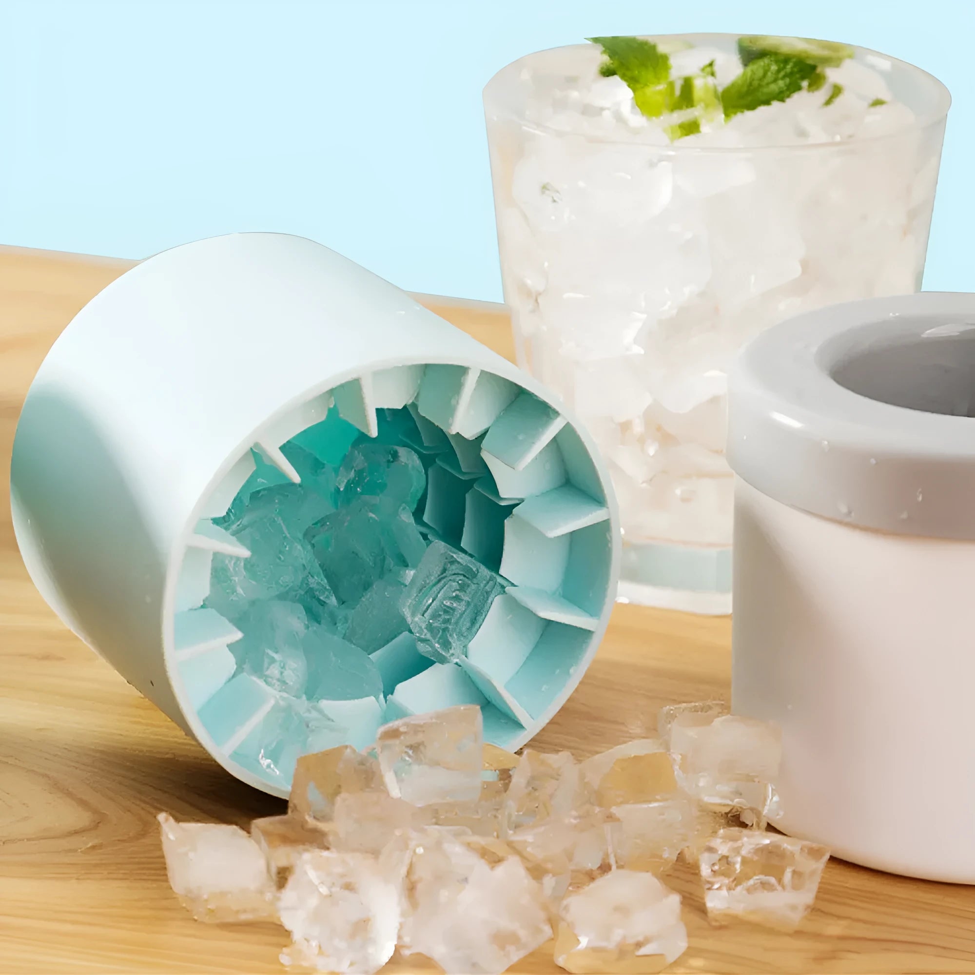 Blue-green and white silicone 2 in 1 ice bucket mold with lid for portable cooling