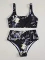 Women's marble tie-dye printed high-waist bikini with U-neck top in multiple colour variations