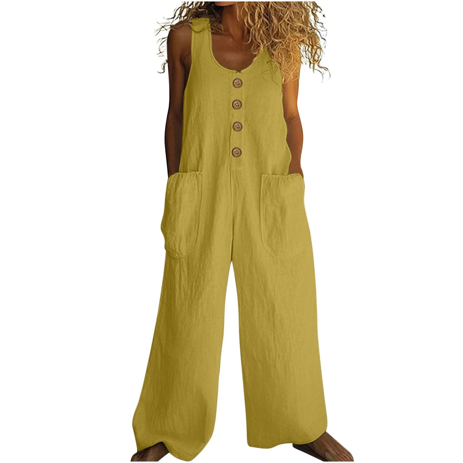 Sleeveless wide leg cotton jumpsuit in retro style shown in various colours including peacock green and brick red.