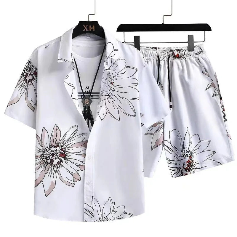 Men's light blue digital print short sleeve cardigan and shorts casual suit set.