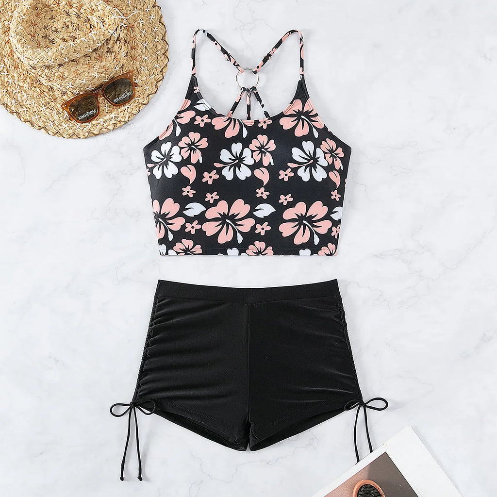 Women's high waist floral backless bikini swimsuit in colour FP45BK on a model