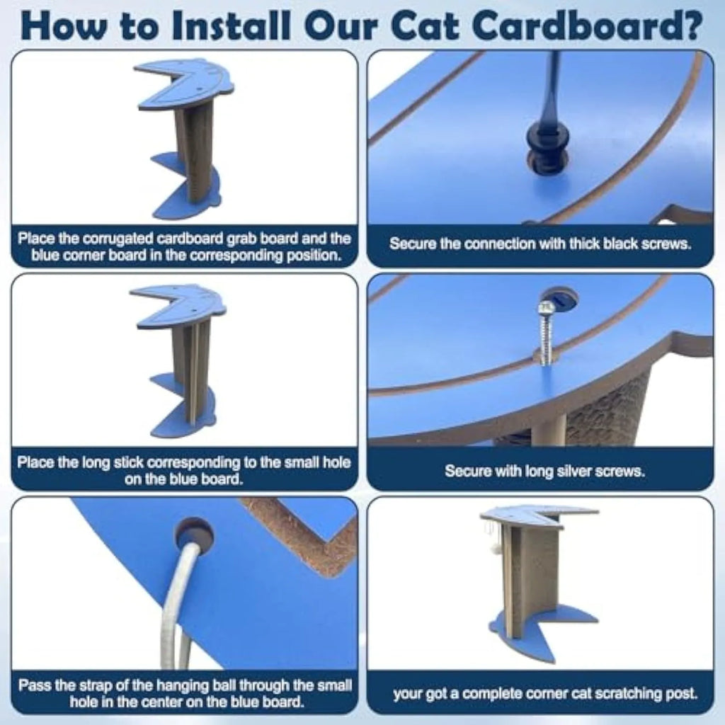 Vertical corner cat scratcher with cardboard pad and hanging ball toy on grey density board base