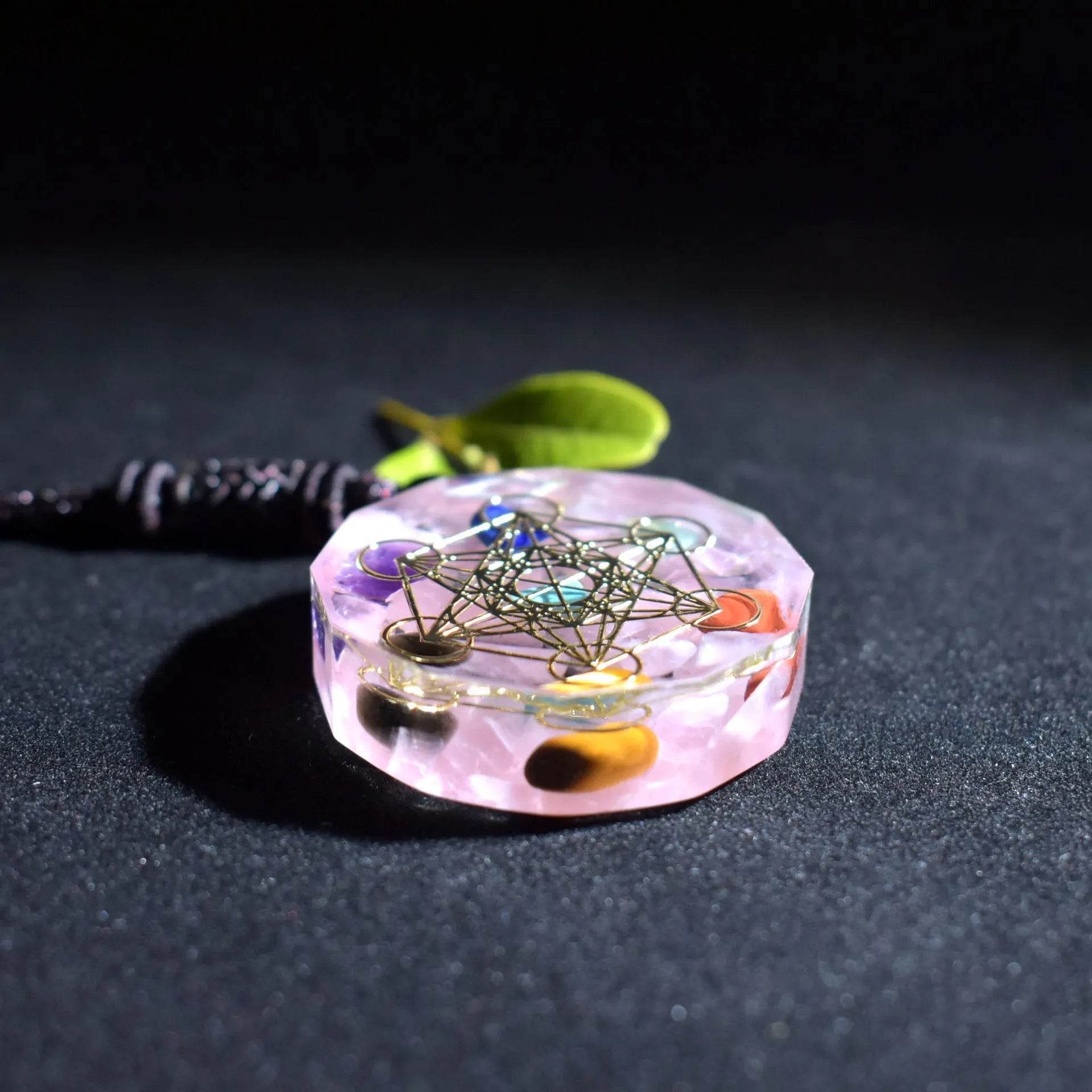 Orgonite pendant necklace with multi-colour crystal chips, resin metal matrix, and quartz crystals for chakra energy balancing