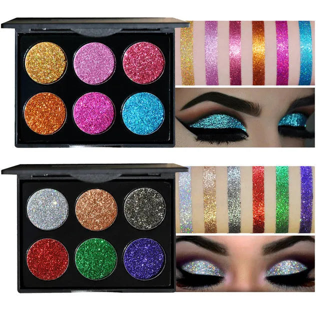 Sequin eye shadow tray with 6 colour palette, compact 10 cm by 7.8 cm, smooth silk texture