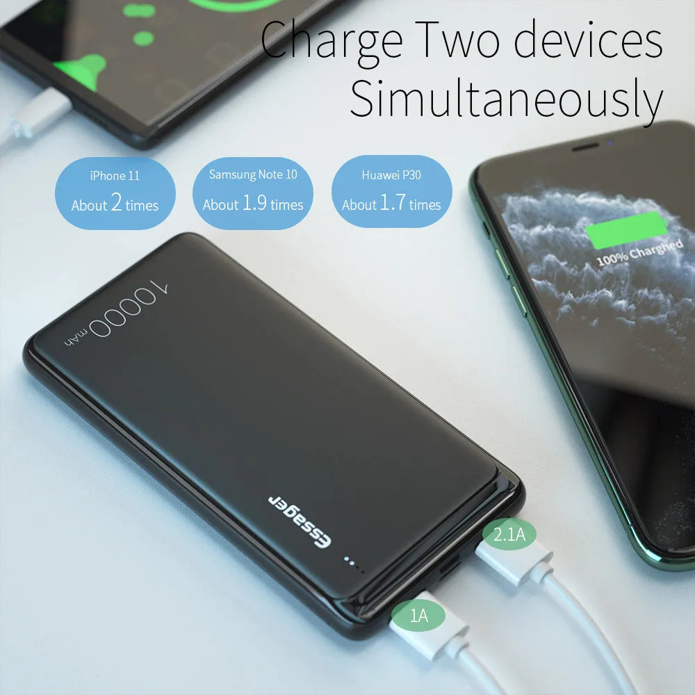 Essager Small Jane black and white 10000mAh portable power bank showing dual USB ports and LED indicator lights