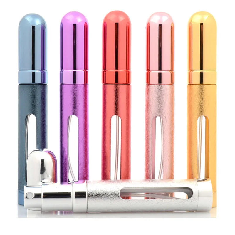 Slim 12ml aluminium and glass portable perfume bottle in multiple colours.
