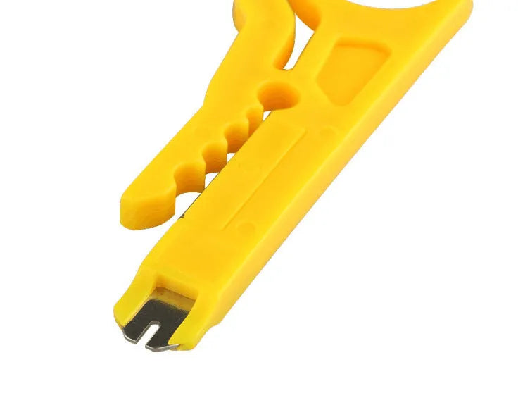 Yellow rubber-handled mini wire stripper tool with metal clamp for 0.6mm cables