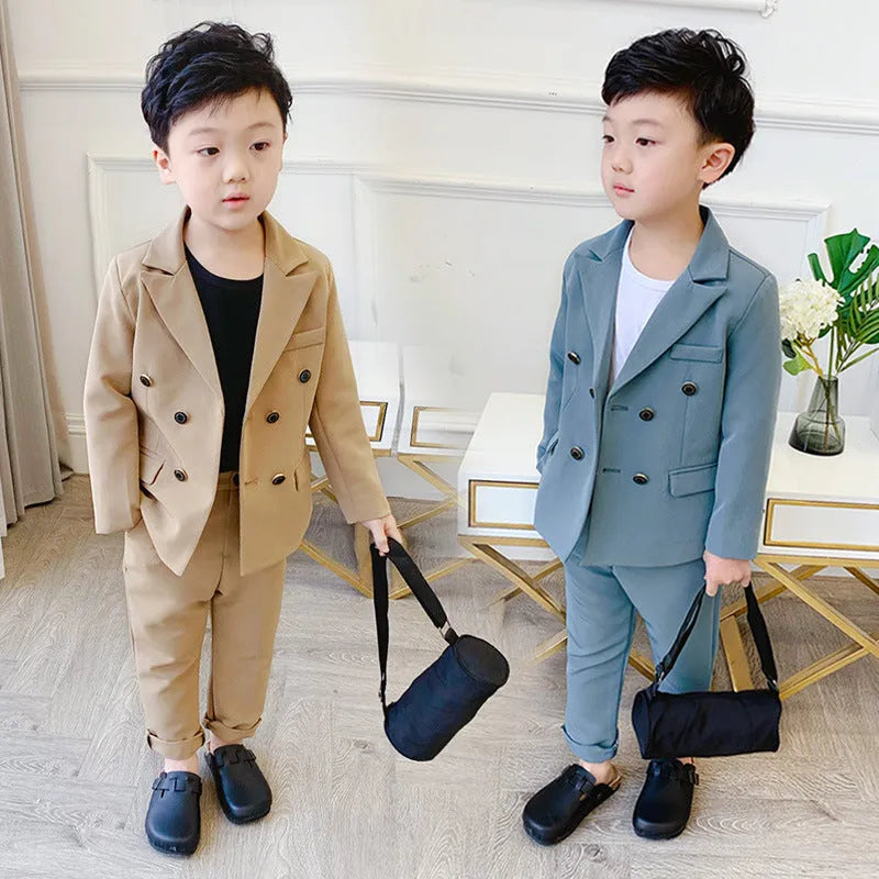 Children boys two-piece suit with long-sleeve shirt and trousers in solid colour cotton blend spring wear