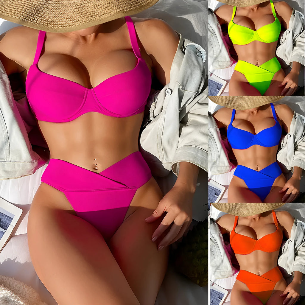 Women's solid colour bikini swimsuit in fluorescent pink, briefs style for swimming