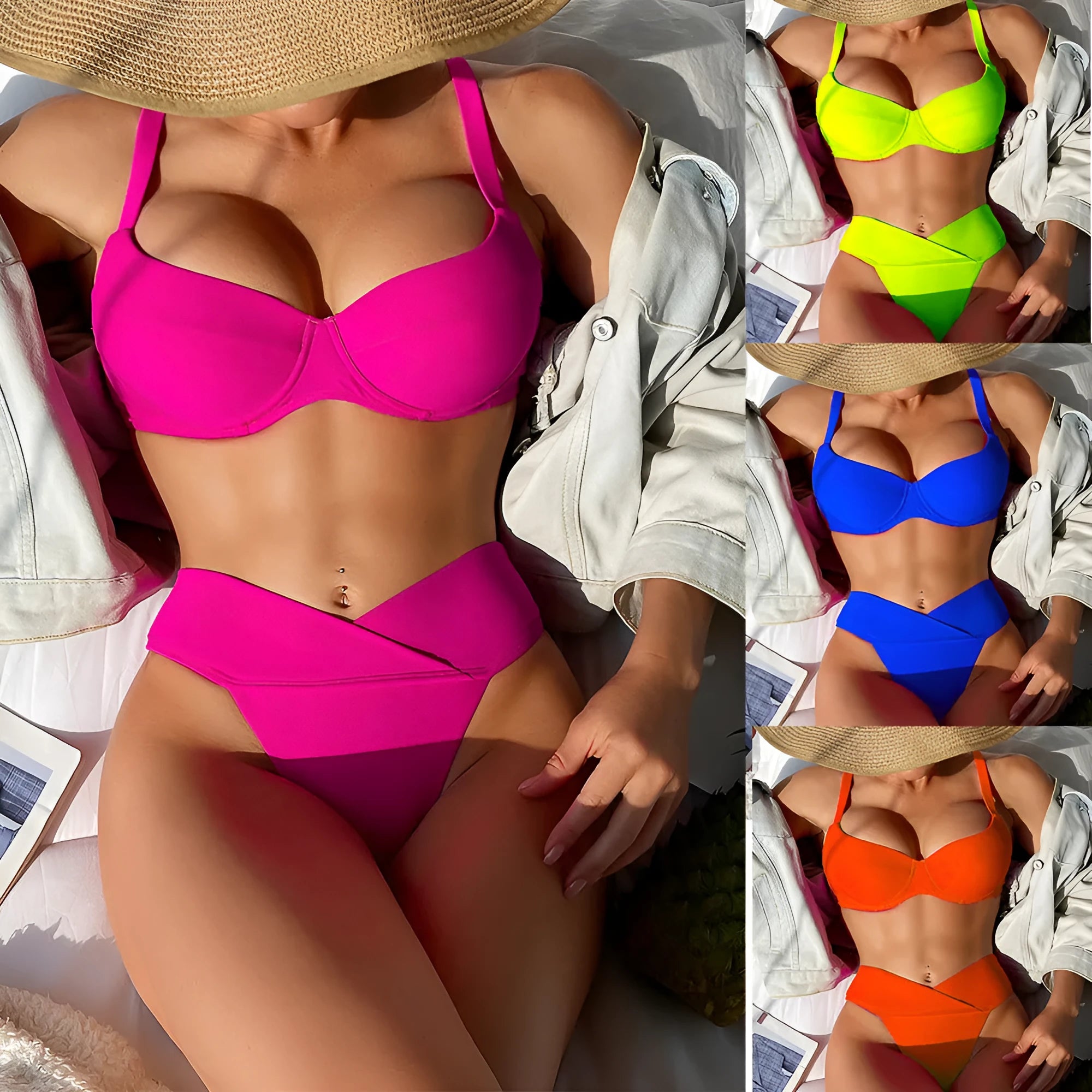 Women's solid colour bikini swimsuit in fluorescent pink, briefs style for swimming