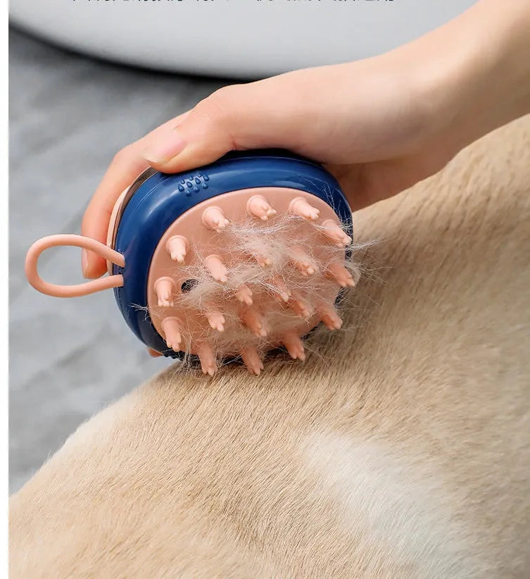 Blue 2-in-1 pet grooming brush with soft silicone bristles and shampoo dispenser on a light background