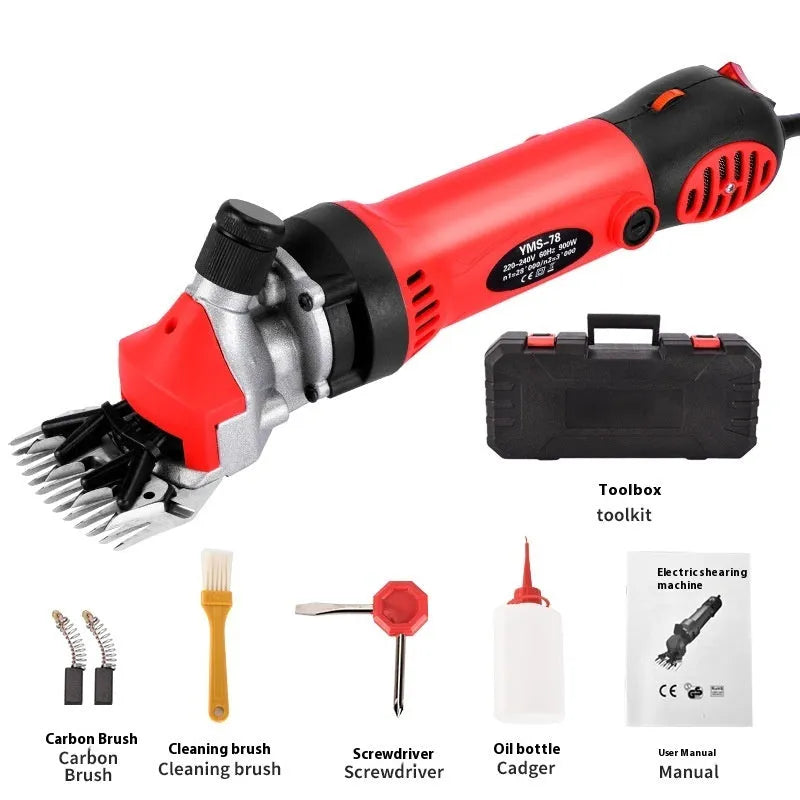 Yellow electric wool shearing machine with 13-tooth blade and multiple knife options for sheep