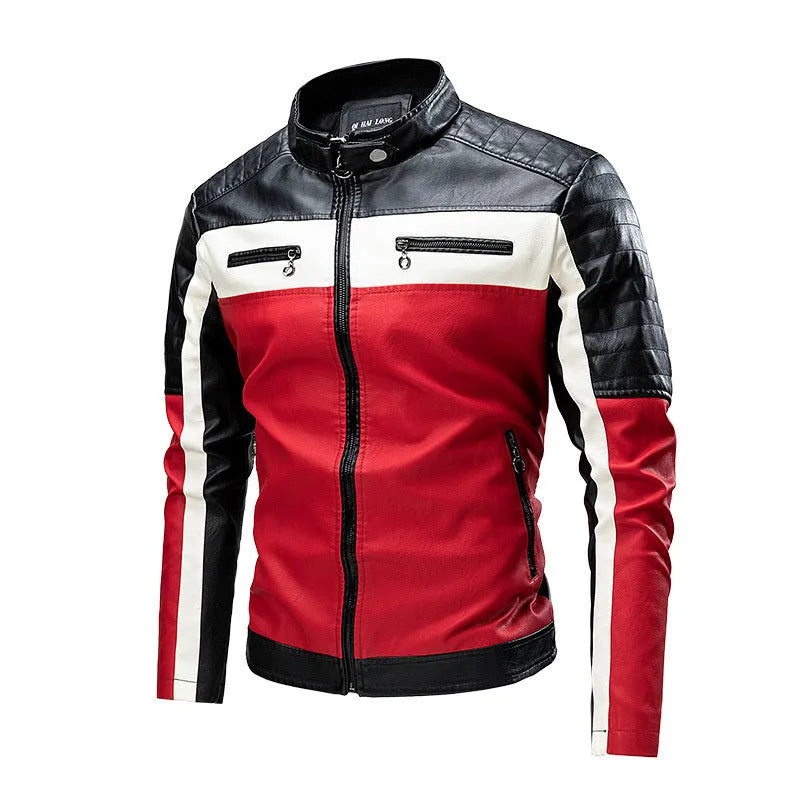 Men's stand collar PU leather retro jacket in black, loose fit with zippered pockets and full front zip