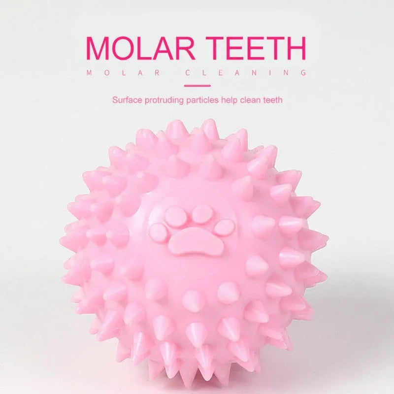 Blue TPR dog chew ball with footprint pattern and raised texture for dental cleaning